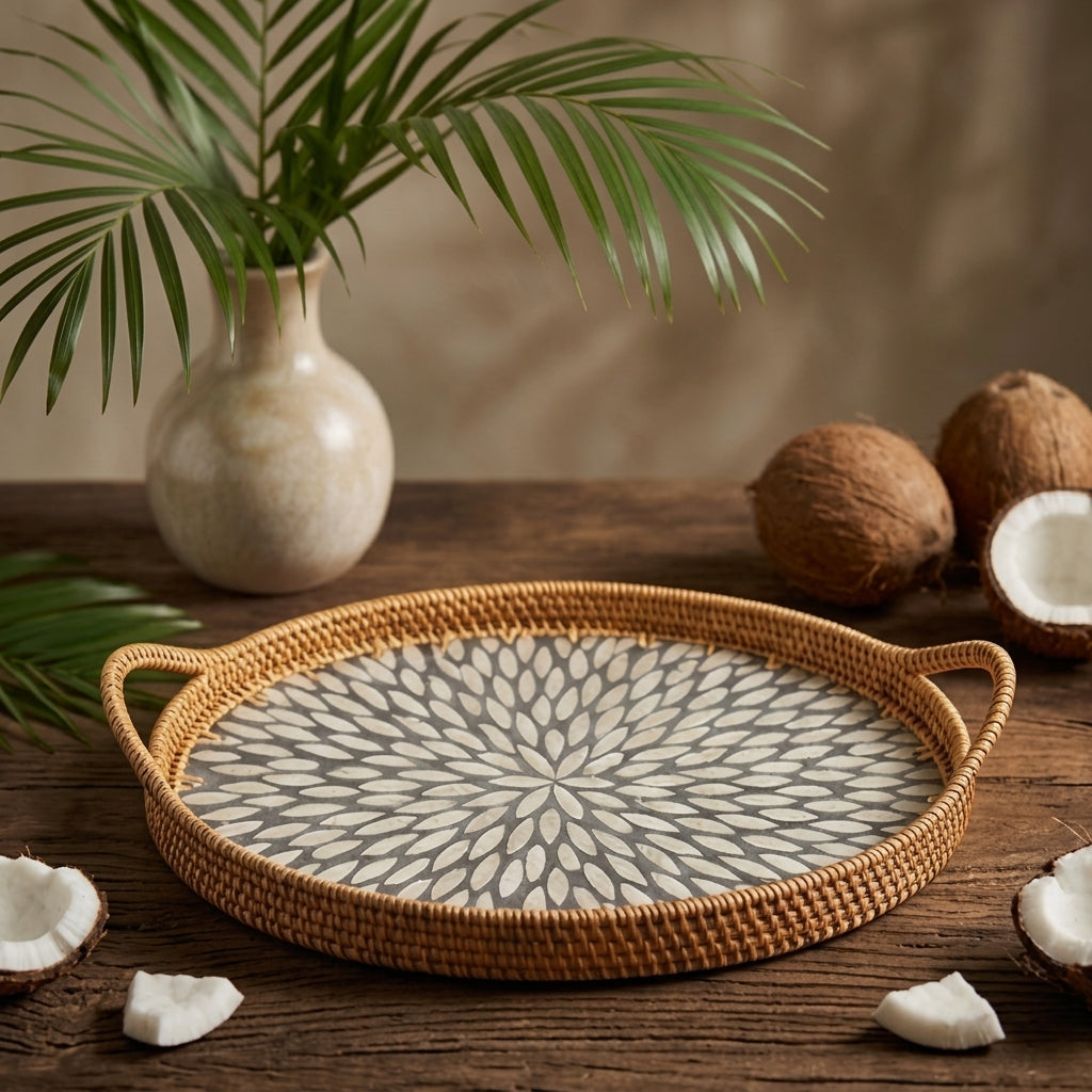 Oval Woven Rattan and Shell Sunburst Tray