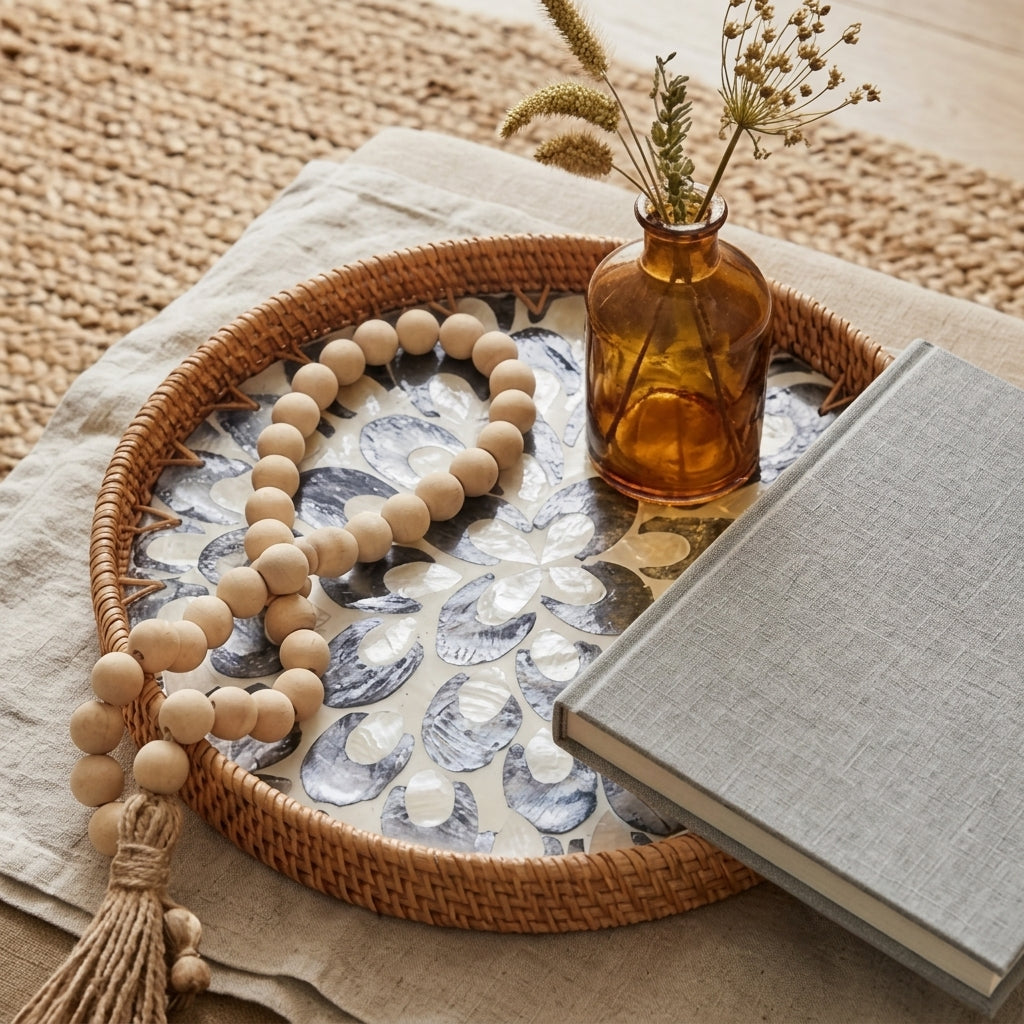 Woven Rattan and Slate Blue Floral Shell Tray