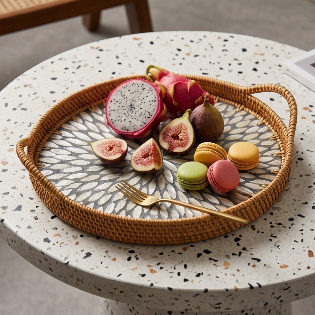 Oval Woven Rattan and Shell Sunburst Tray
