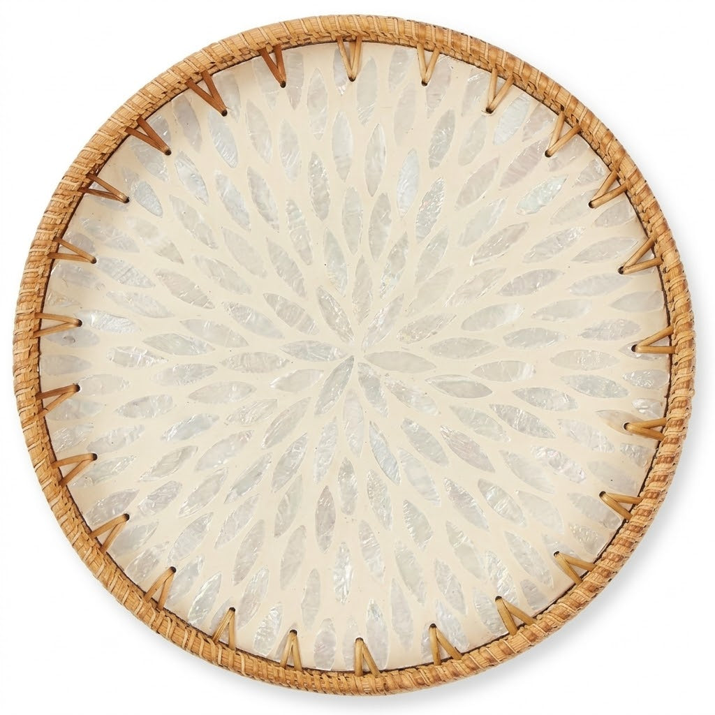 Artisanal Woven Rattan and White Shell Sunburst Tray