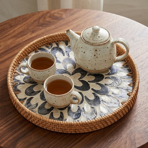 Woven Rattan and Slate Blue Floral Shell Tray