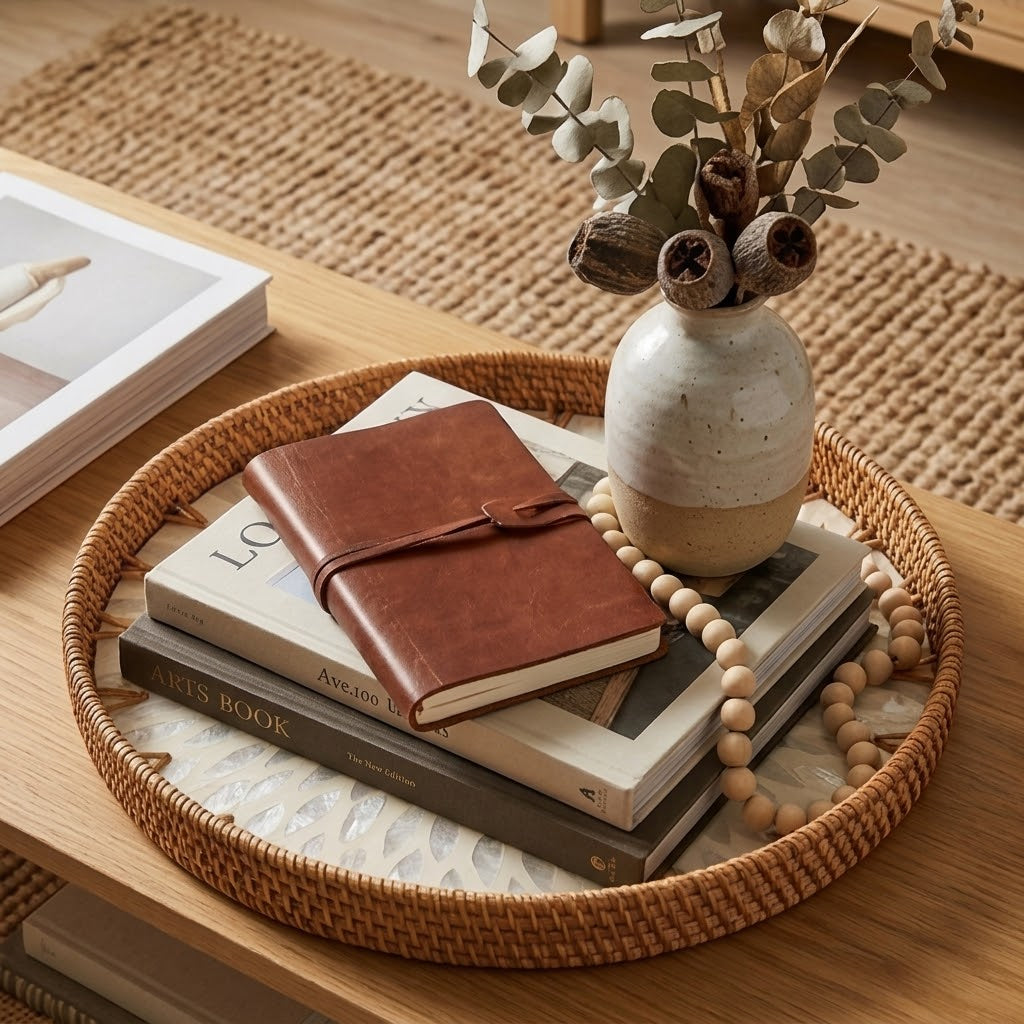 Artisanal Woven Rattan and White Shell Sunburst Tray