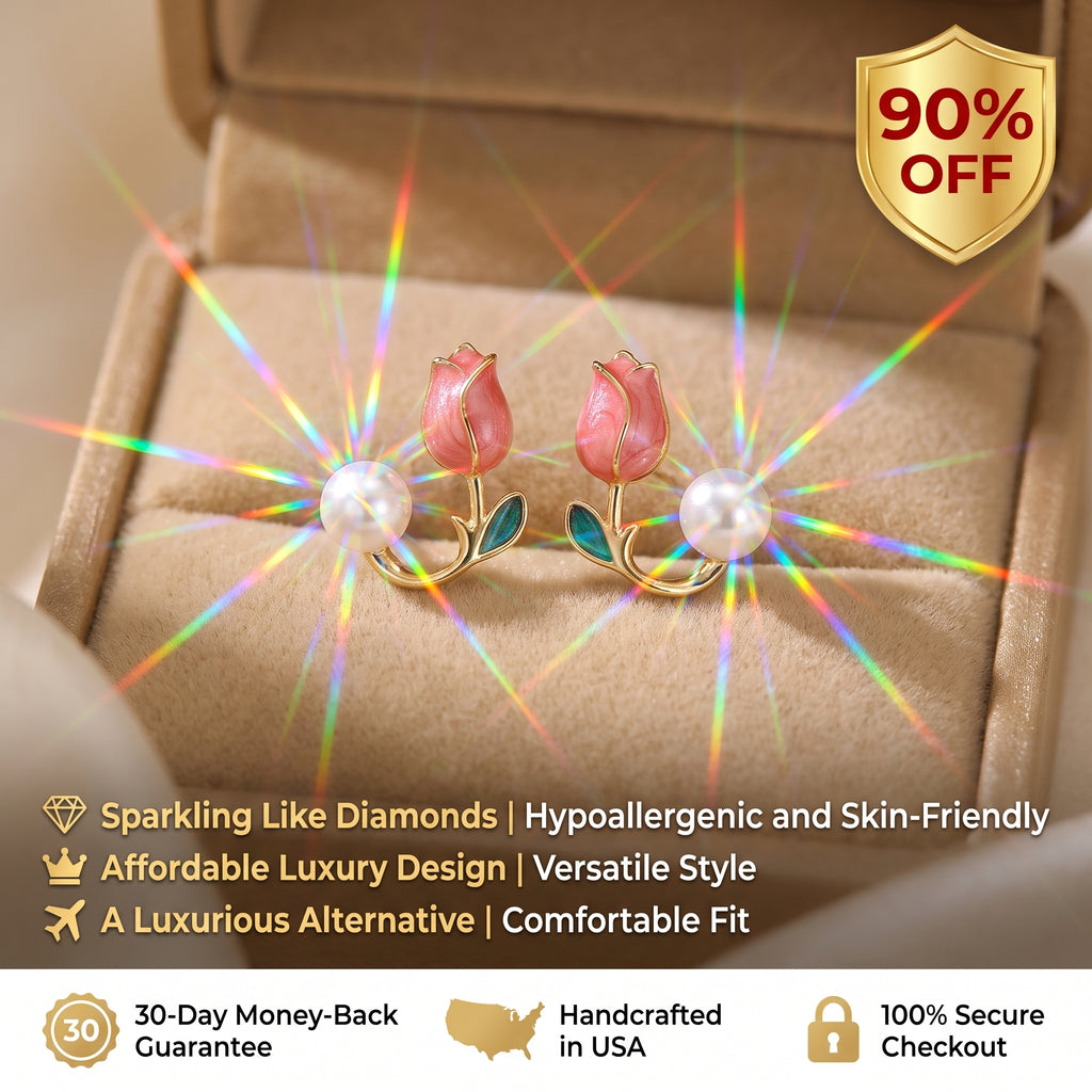 The Ivory Elegance: Enamel Tulip & Luminous Pearl Studs- 90% OFF Flash Sale🔥