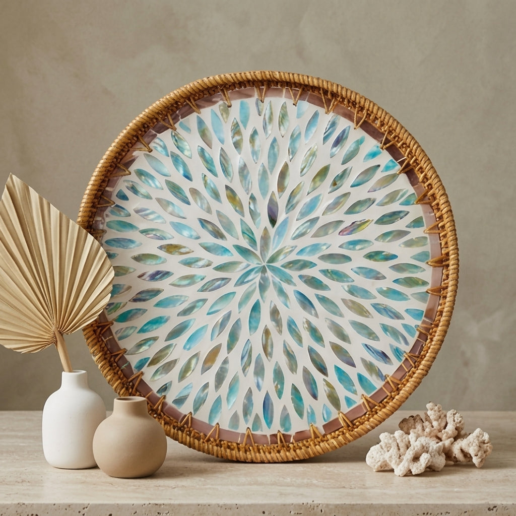 Radiant Starburst Shell Mosaic Rattan Tray