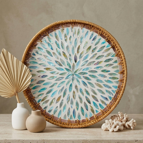 Radiant Starburst Shell Mosaic Rattan Tray
