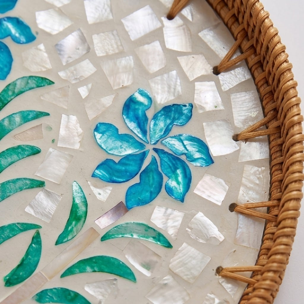 Artisanal Woven Rattan and Blue Floral Shell Mosaic Tray