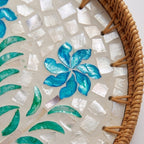 Artisanal Woven Rattan and Blue Floral Shell Mosaic Tray