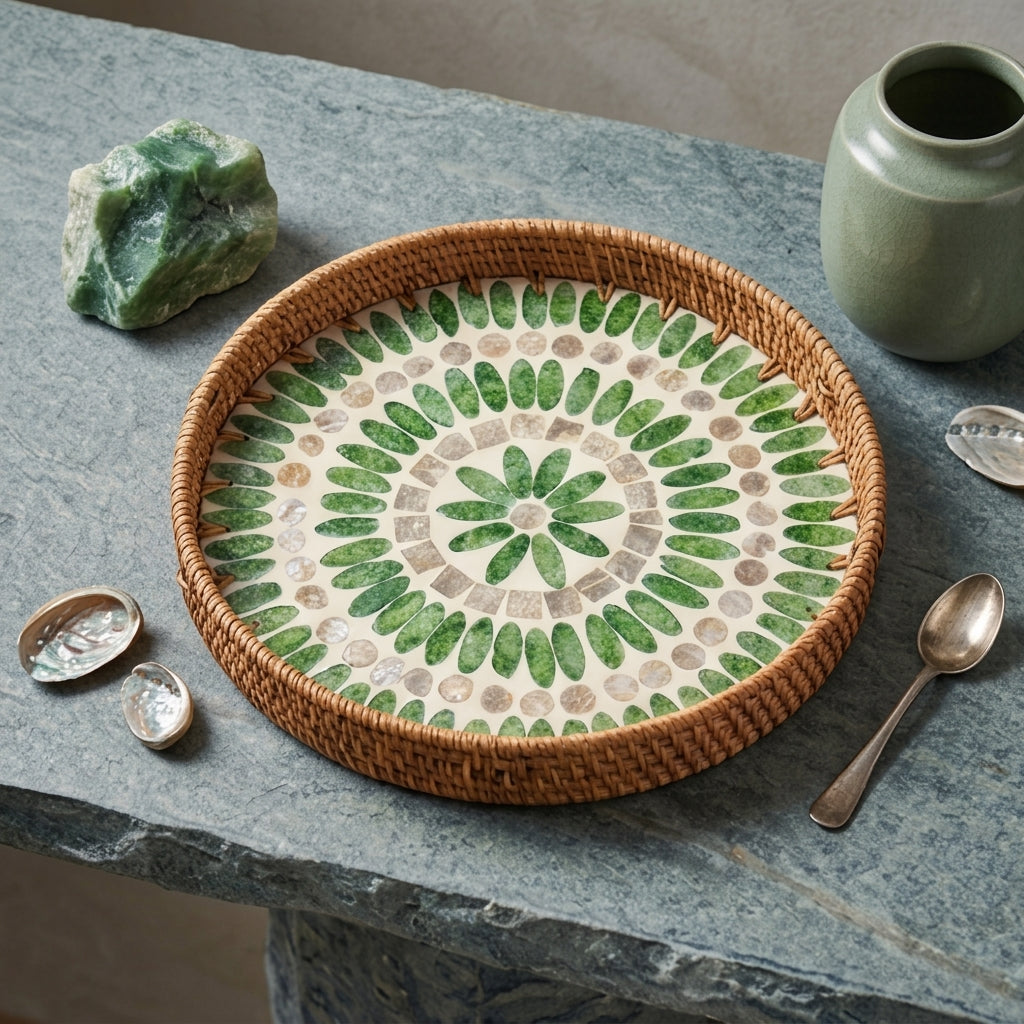 Handcrafted Woven Rattan and Green Shell Mandala Tray