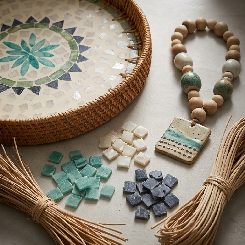 Artisanal Woven Rattan and White Shell Sunburst Tray