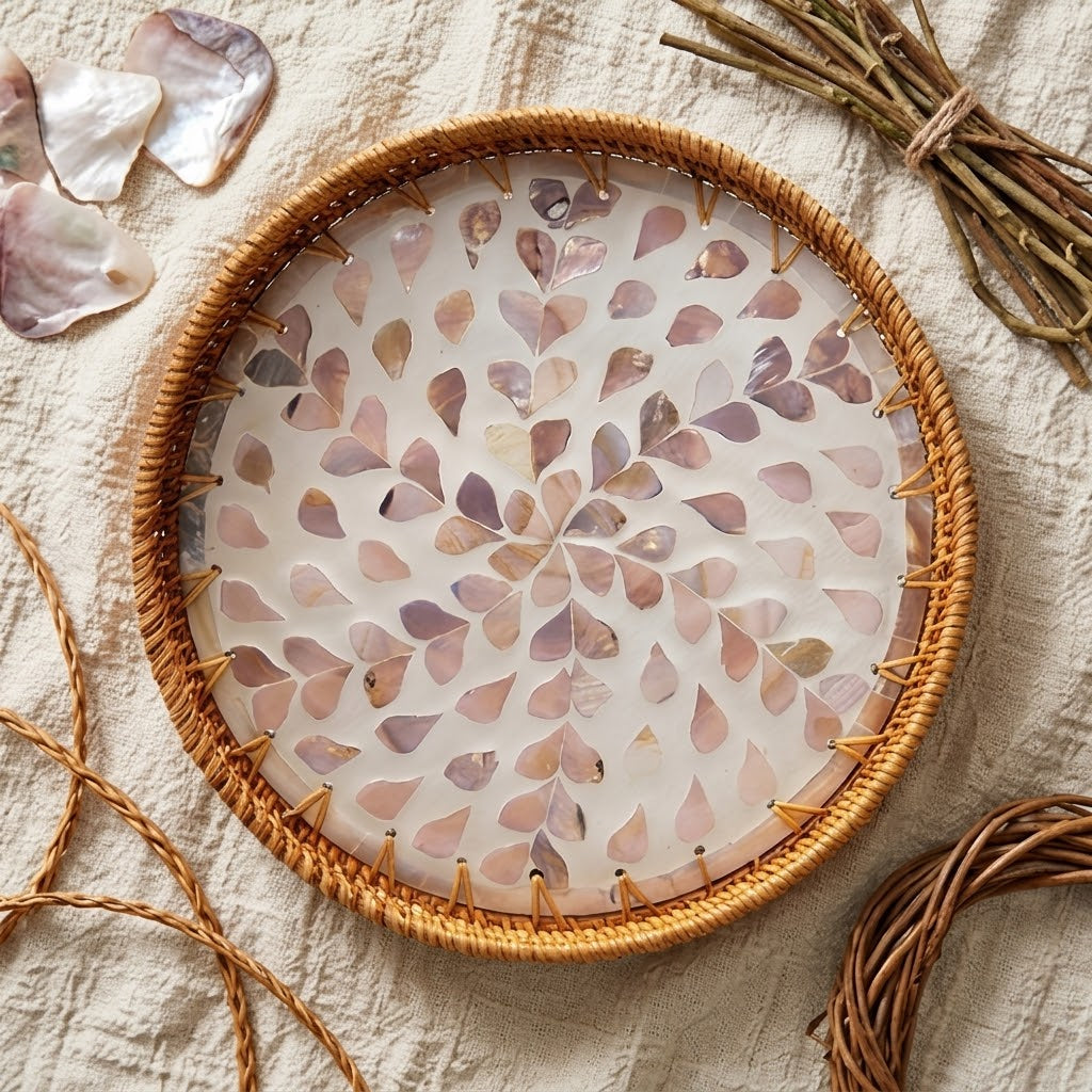 Artisanal Round Rattan Tray with Swirling Pink Shell Mosaic