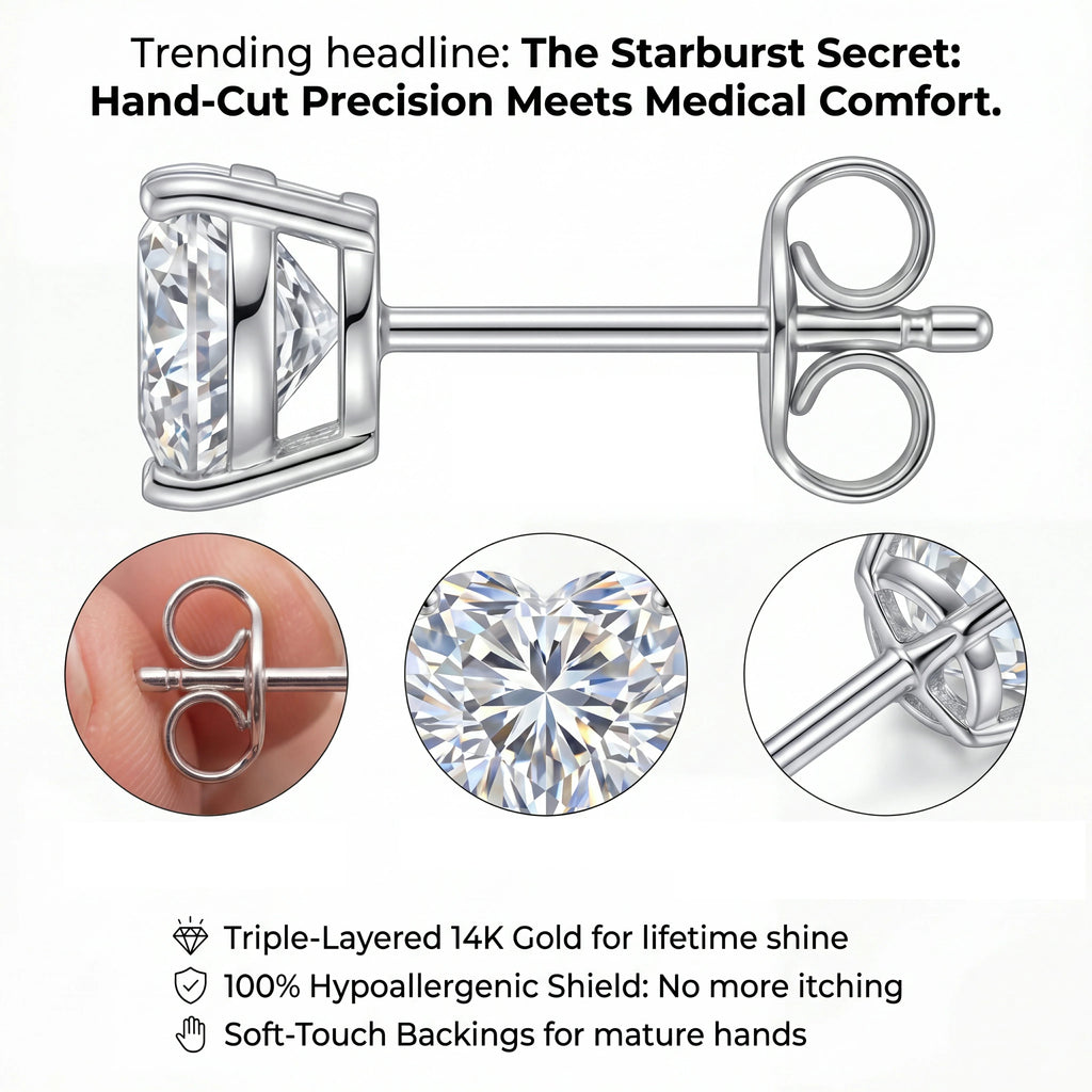 🔥 LAST DAY 90% OFF: Starburst Heart Cut Travel-Safe Flawless Moissanite D-Color VVS1 Stud Earrings in Triple-Gold Plated 925 Silver