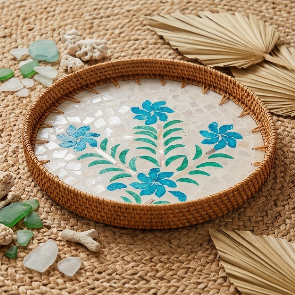 Artisanal Woven Rattan and Blue Floral Shell Mosaic Tray