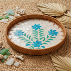 Artisanal Woven Rattan and Blue Floral Shell Mosaic Tray