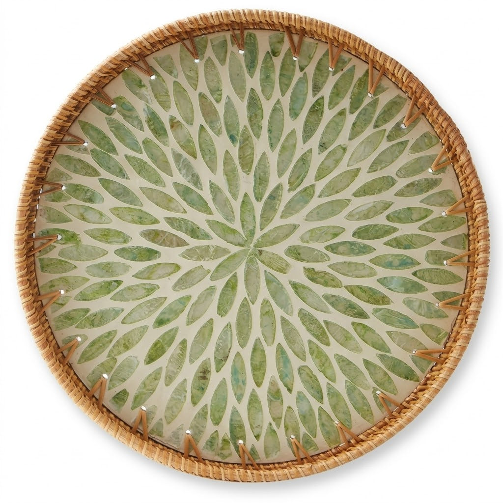 Handwoven Rattan Round Tray with Green Petal Mosaic Inlay