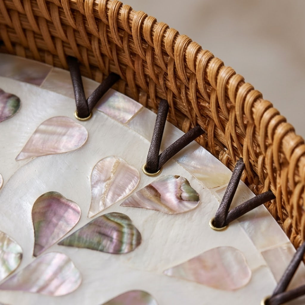 Artisanal Round Rattan Tray with Swirling Pink Shell Mosaic