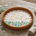 Artisanal Woven Rattan and Coastal Fish Shell Mosaic Tray