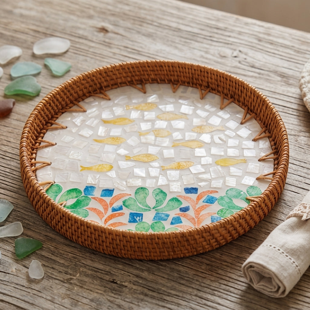 Artisanal Woven Rattan and Coastal Fish Shell Mosaic Tray