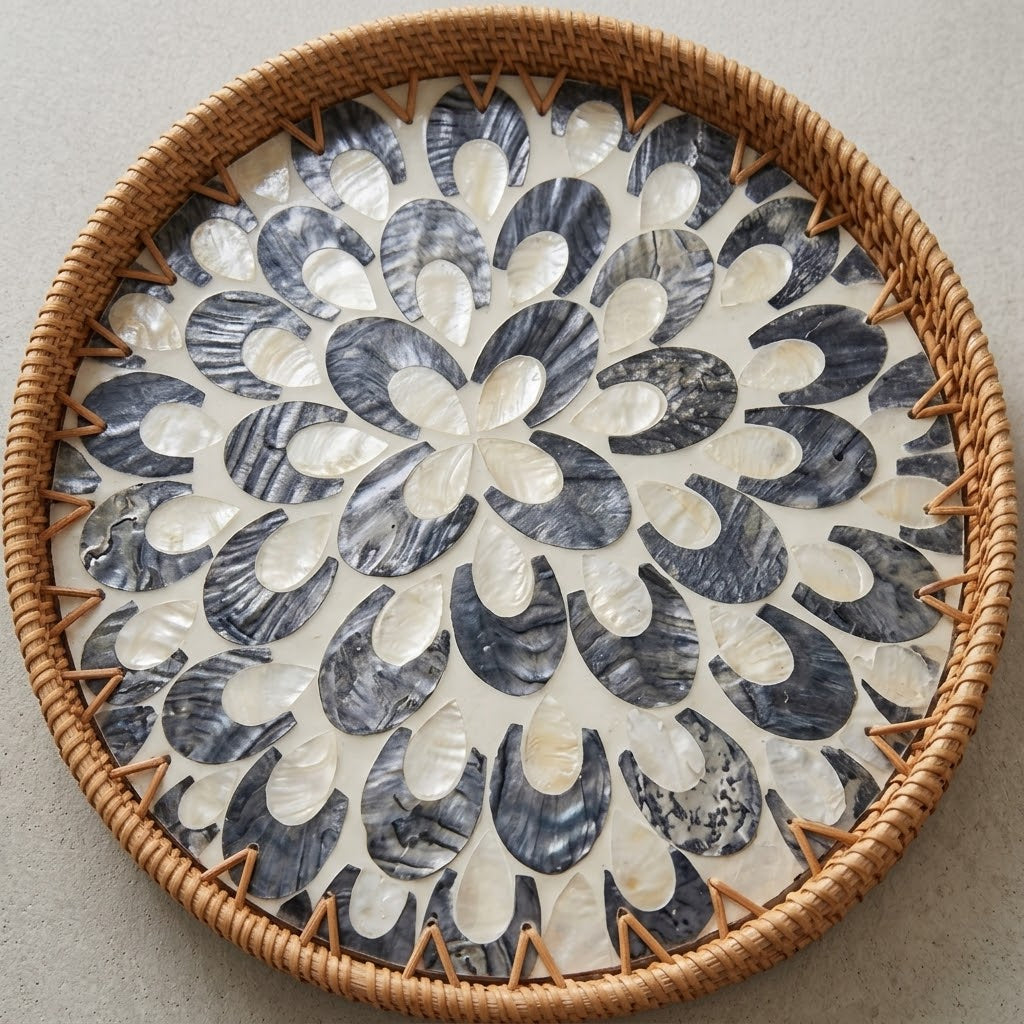 Woven Rattan and Slate Blue Floral Shell Tray