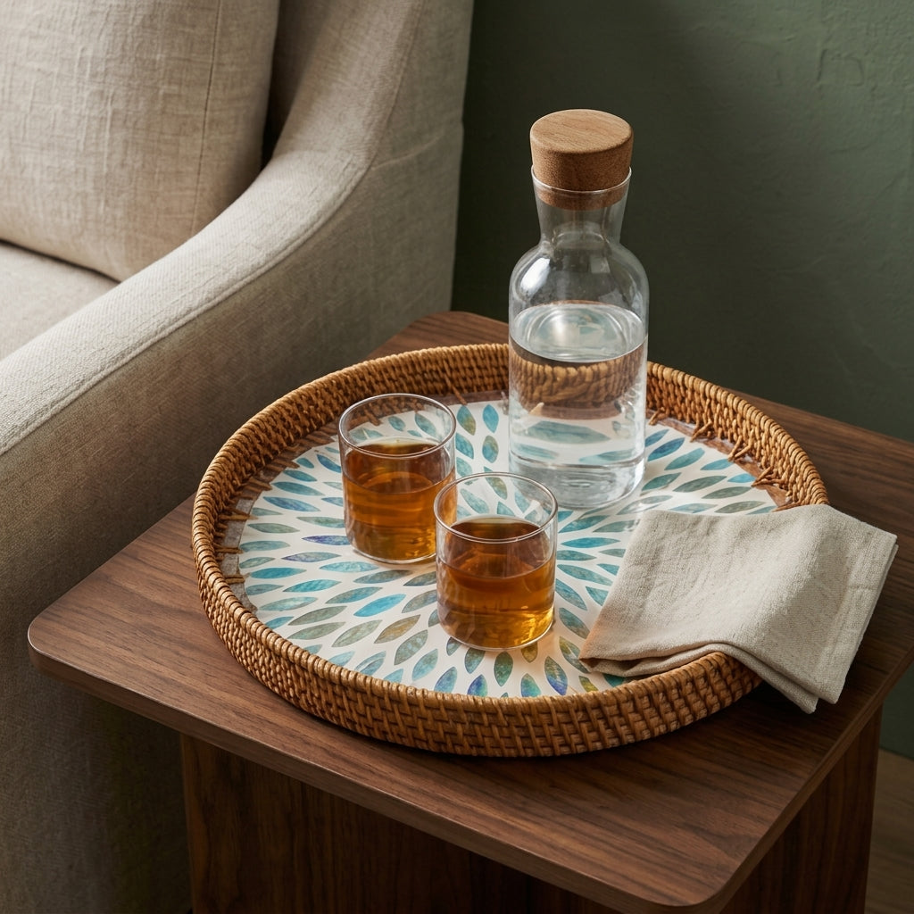 Radiant Starburst Shell Mosaic Rattan Tray