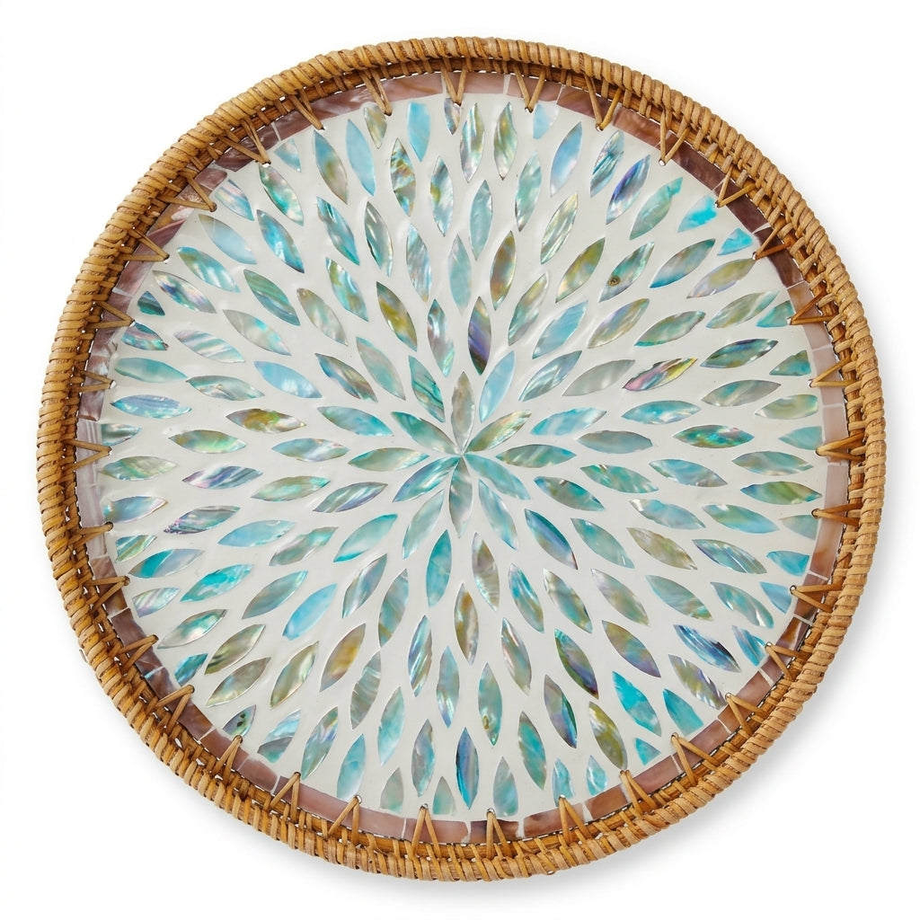 Radiant Starburst Shell Mosaic Rattan Tray