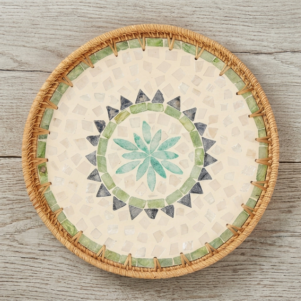 Artisanal Woven Rattan and White Shell Sunburst Tray