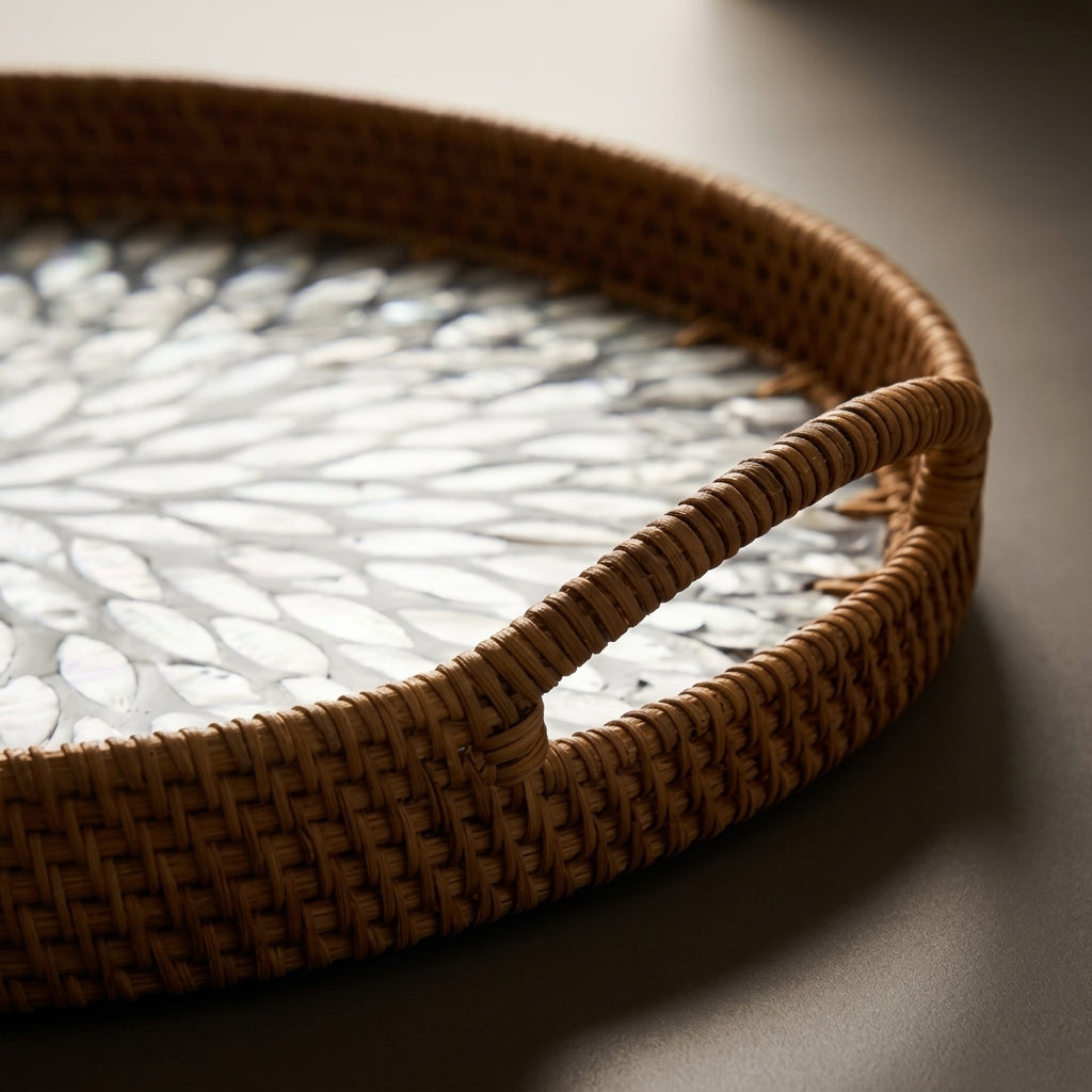 Oval Woven Rattan and Shell Sunburst Tray