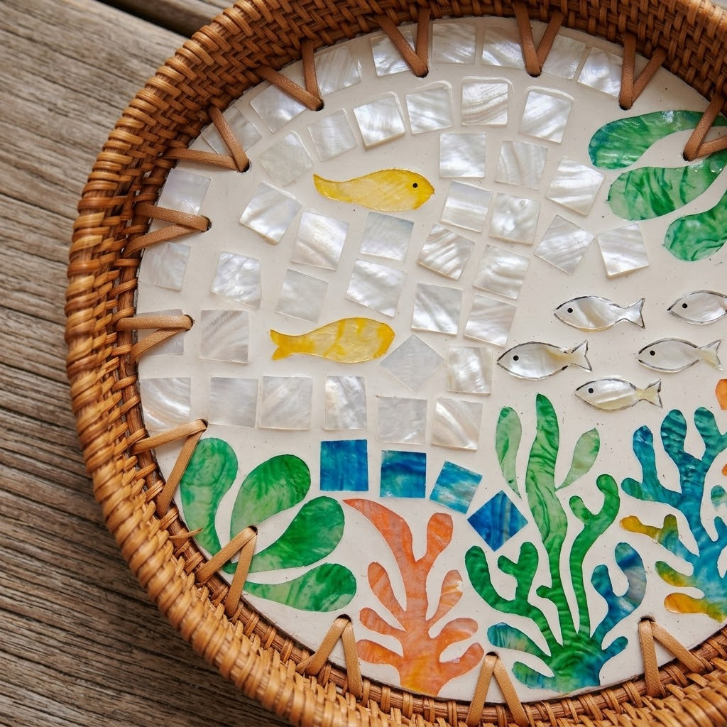 Artisanal Woven Rattan and Coastal Fish Shell Mosaic Tray