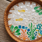 Artisanal Woven Rattan and Coastal Fish Shell Mosaic Tray
