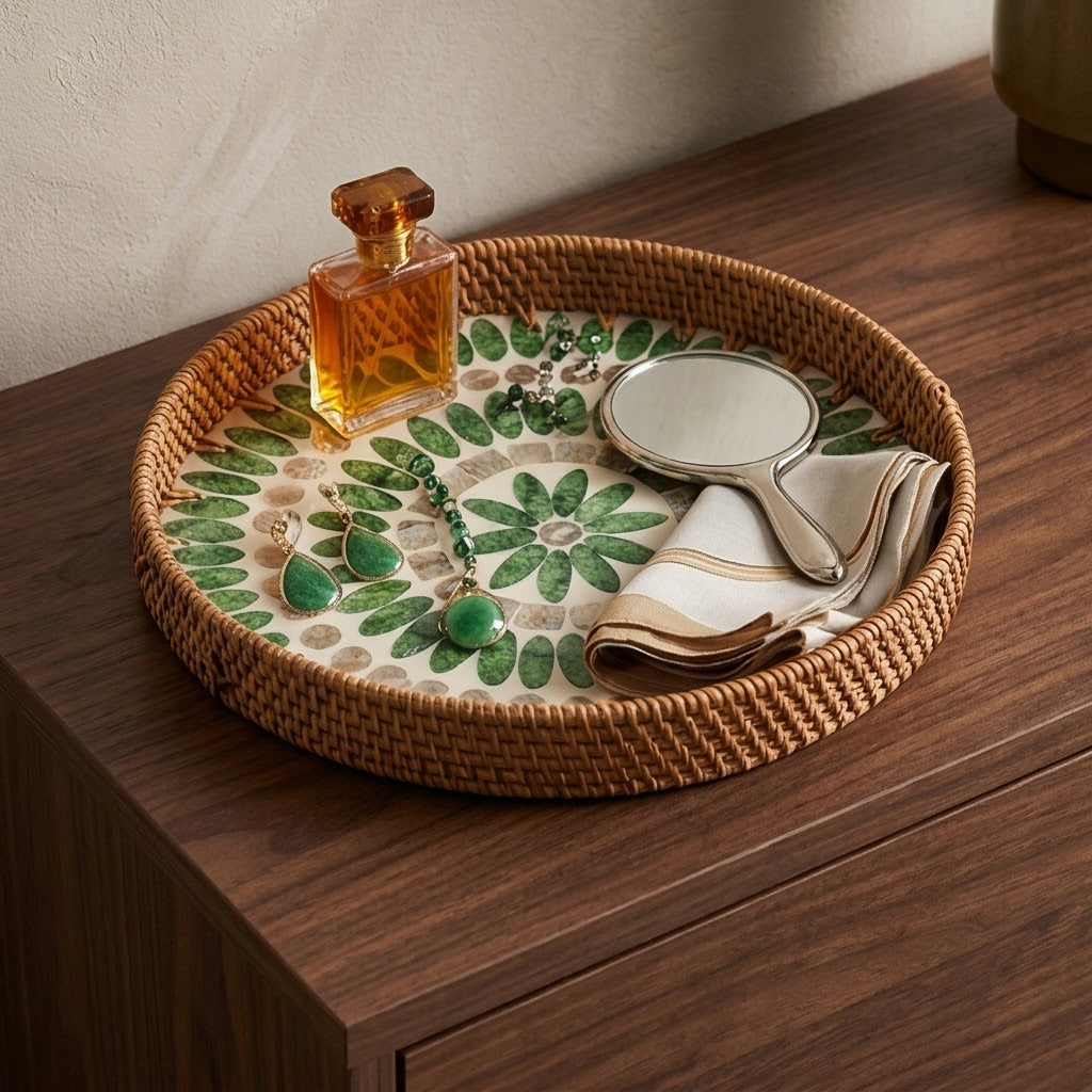 Handcrafted Woven Rattan and Green Shell Mandala Tray