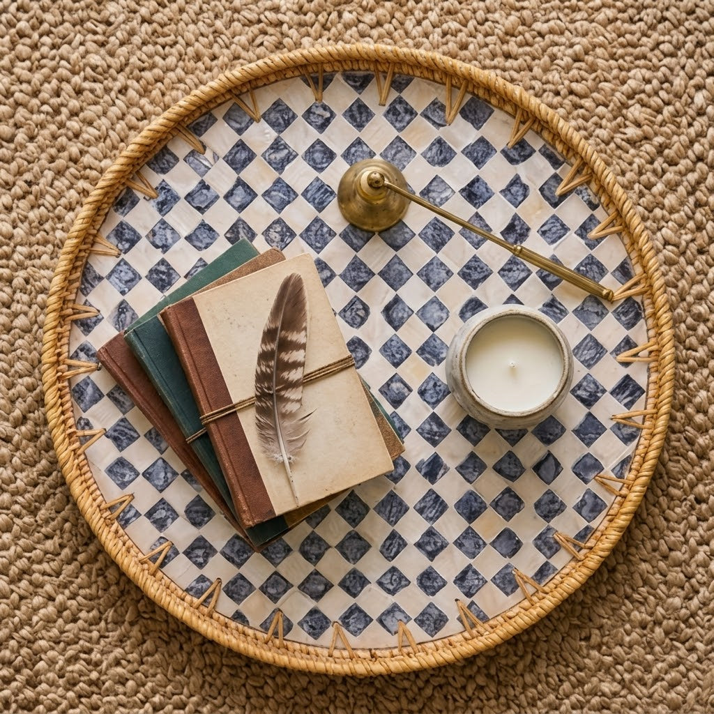 Woven Rattan and Diamond Shell Mosaic Tray