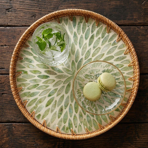 Handwoven Rattan Round Tray with Green Petal Mosaic Inlay