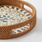 Artisan Round Woven Rattan Tray with Mixed Shell Mosaic and Sunburst Inlay
