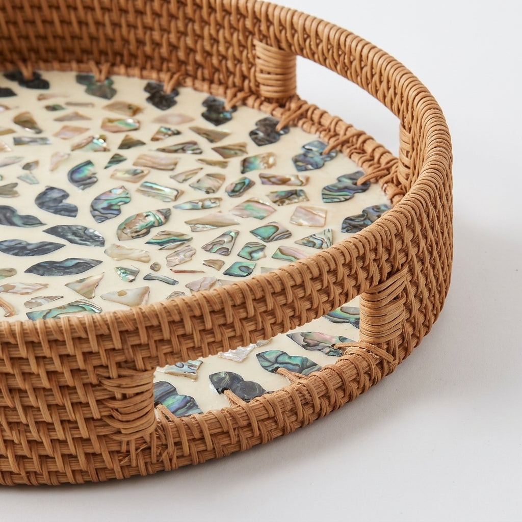 Artisan Round Woven Rattan Tray with Mixed Shell Mosaic and Sunburst Inlay