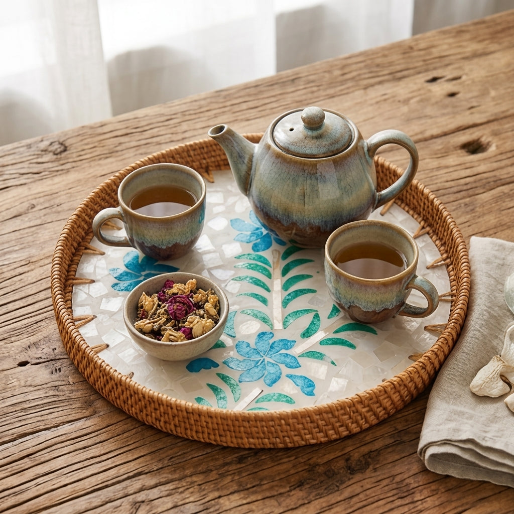 Artisanal Woven Rattan and Blue Floral Shell Mosaic Tray