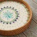 Artisanal Woven Rattan and White Shell Sunburst Tray