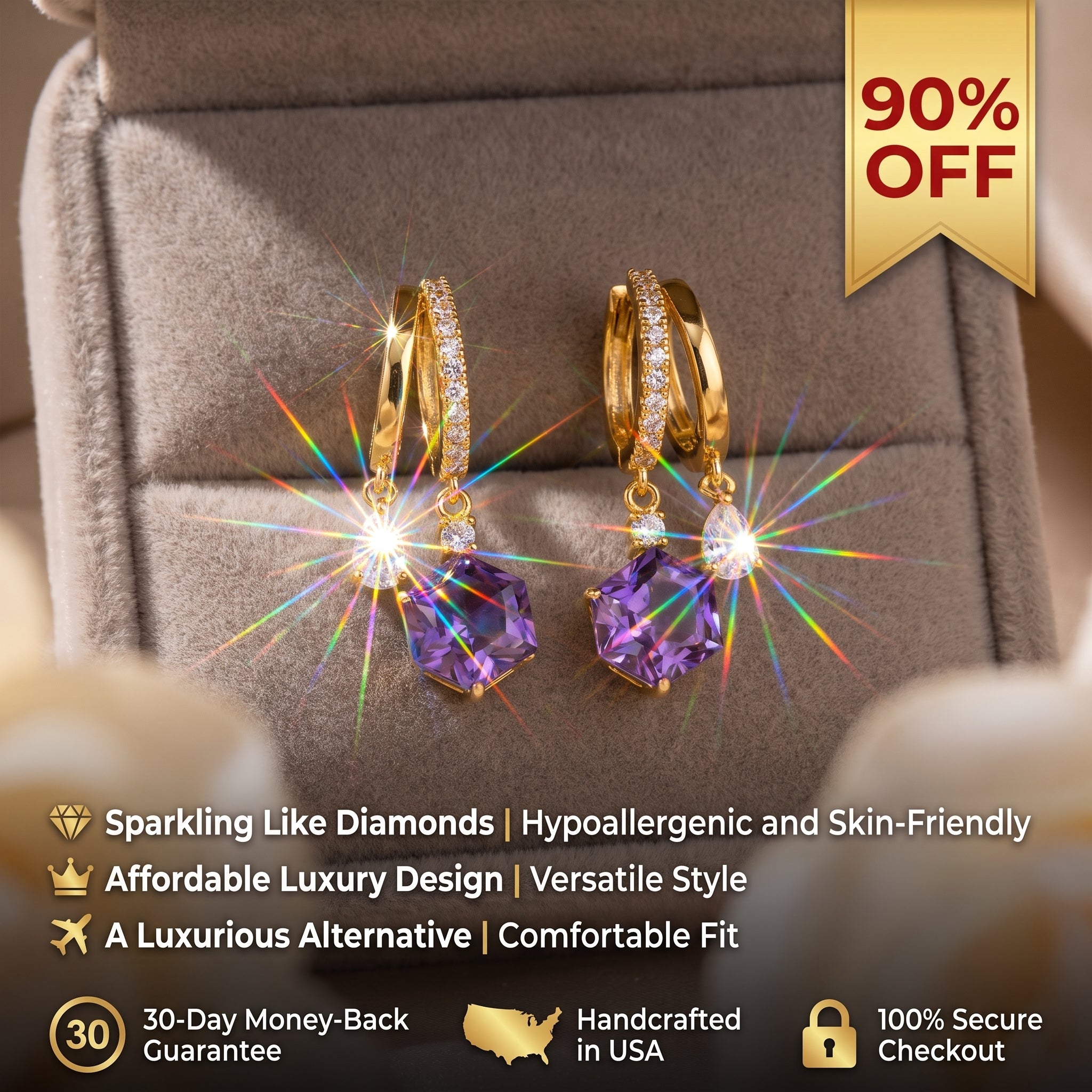 ⚡ 90% OFF Flash Sale: The Amethyst Prism: Moissanite & Hexagon Drop Huggie Earrings