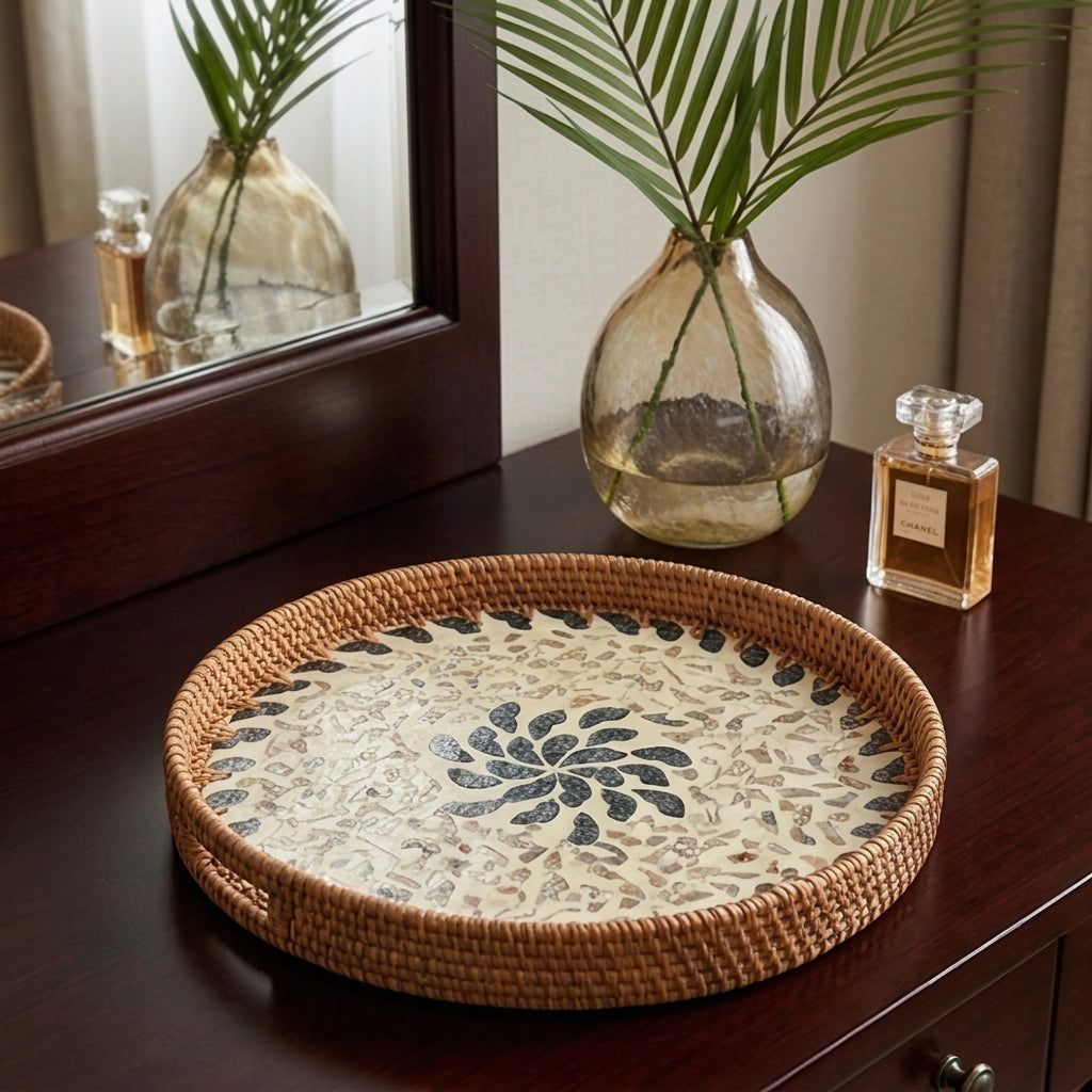 Artisan Round Woven Rattan Tray with Mixed Shell Mosaic and Sunburst Inlay
