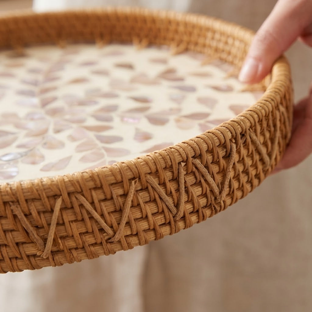 Artisanal Woven Rattan and Blush Capiz Shell Tray