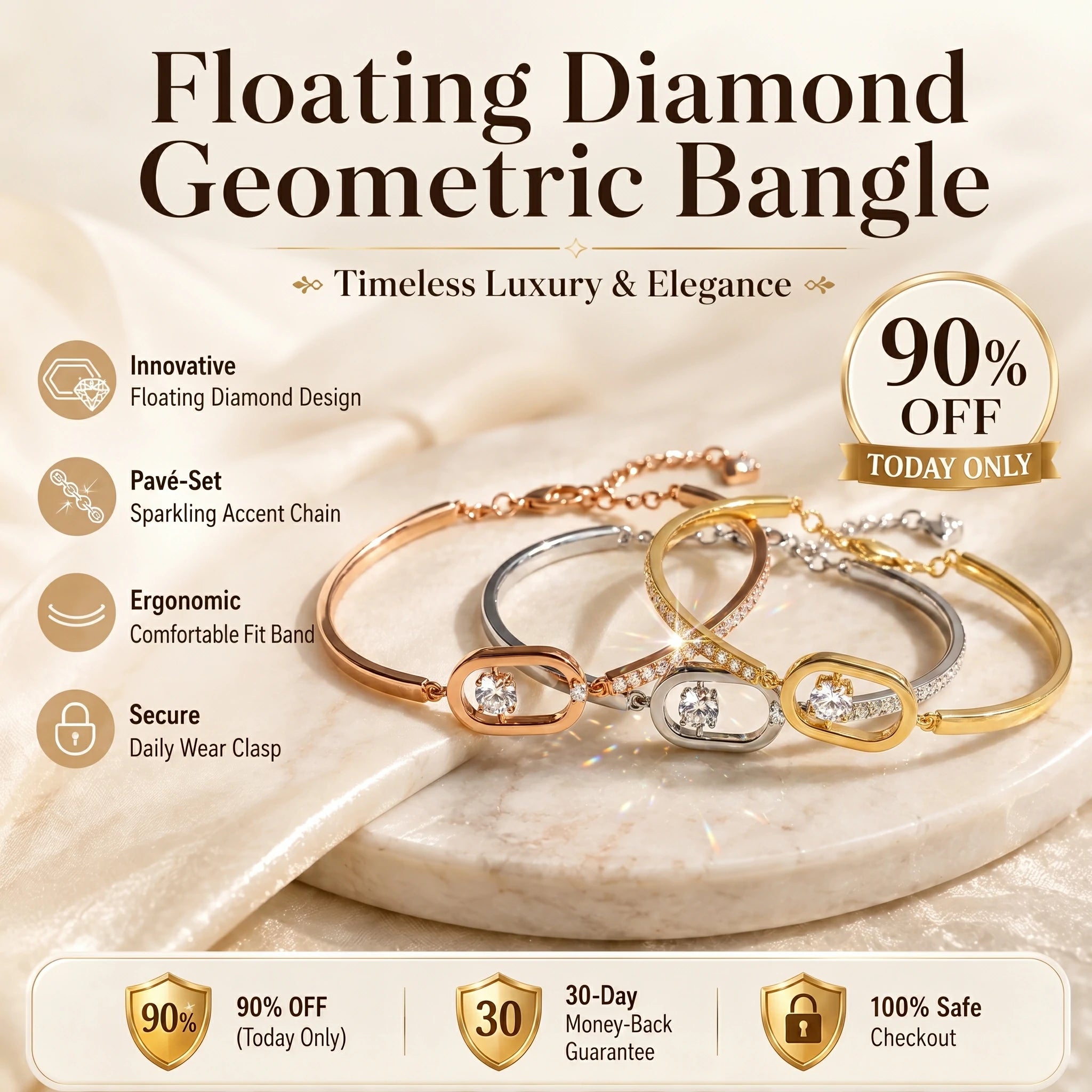 🔥 LAST DAY 90% OFF : Floating Diamond Geometric Bangle – Timeless Luxury &amp; Kinetic Brilliance