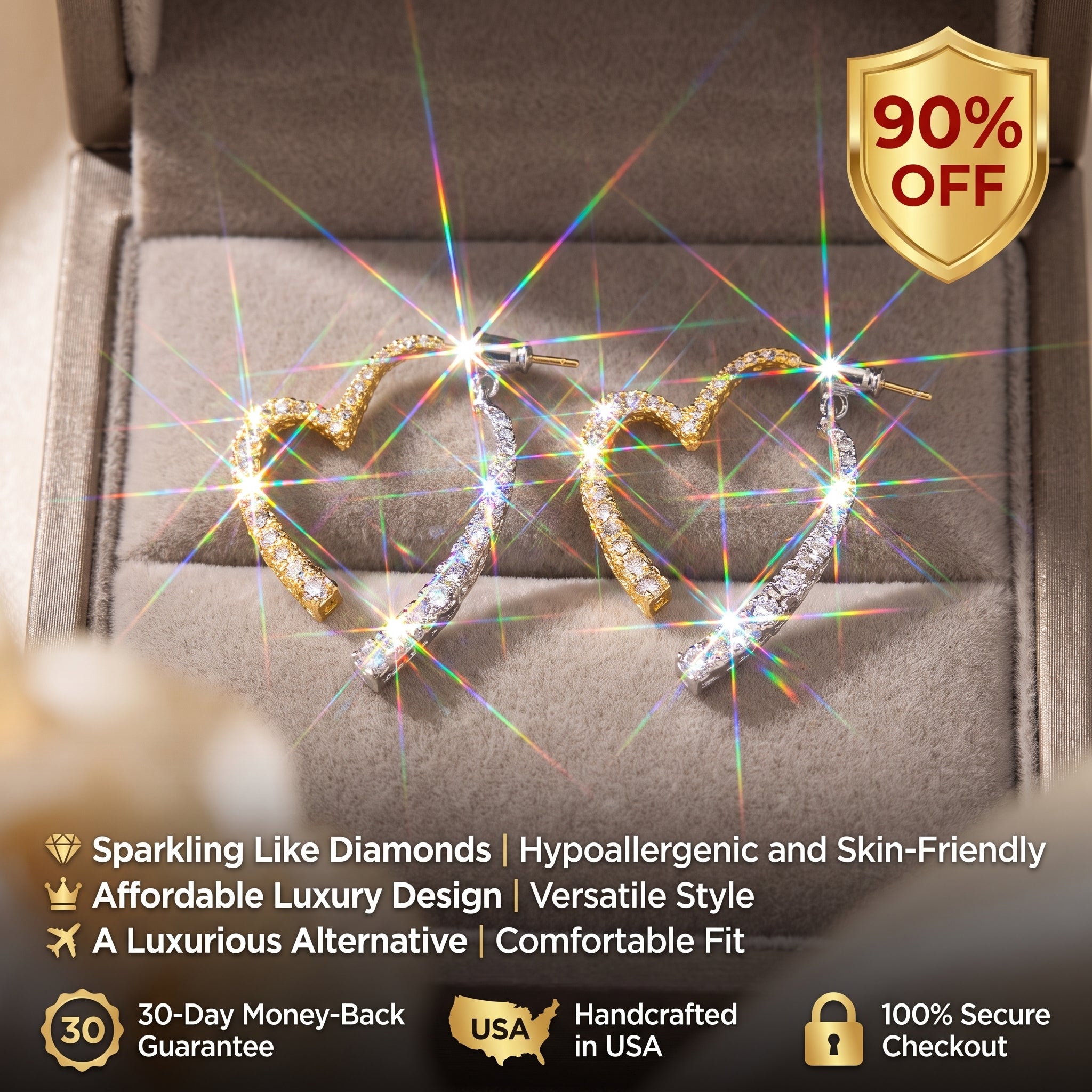 ⚡ 90% OFF Flash Sale: The Dual-Tone Radiance: Moissanite Pavé Heart Hoops