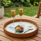Artisanal Woven Rattan and Blue Floral Shell Mosaic Tray