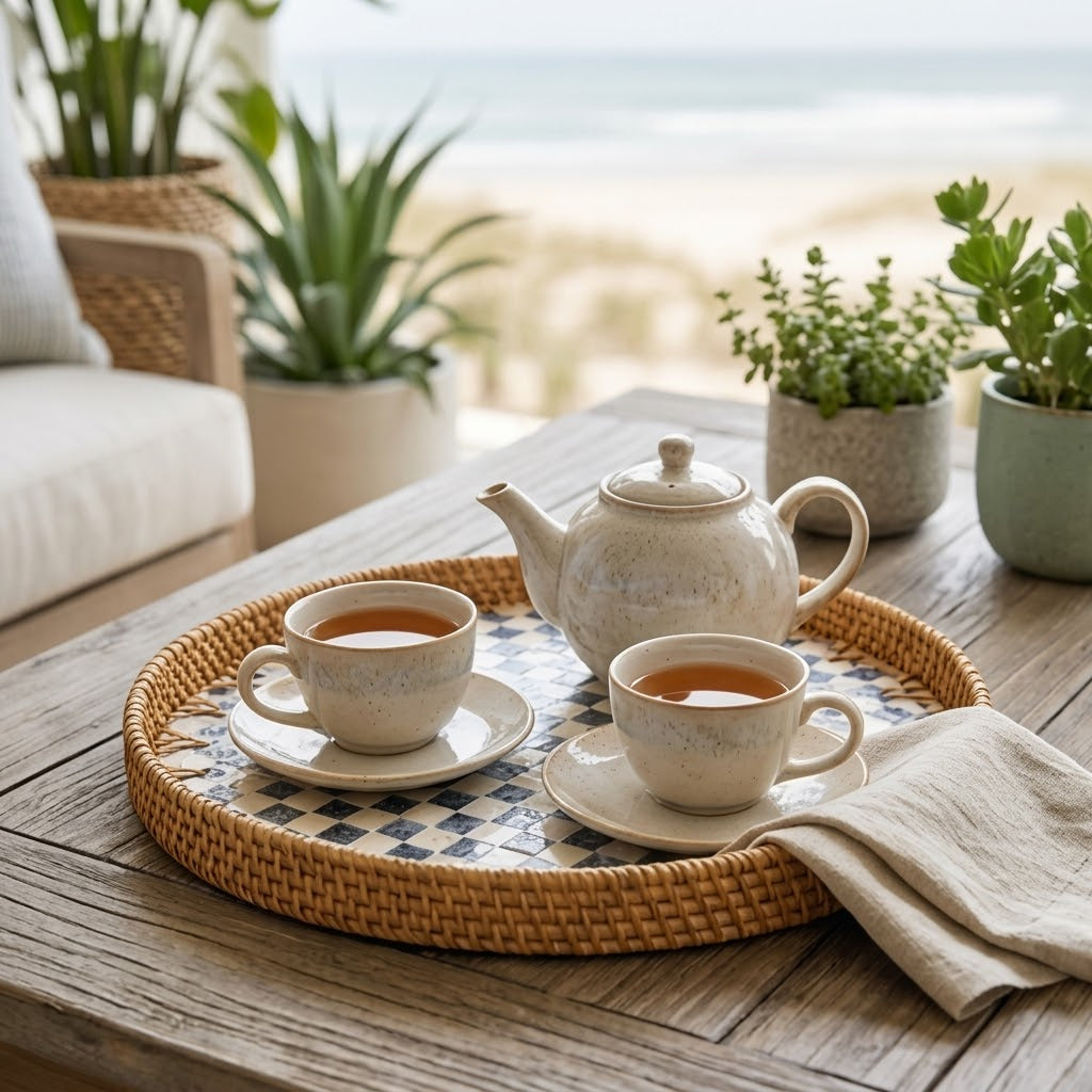 Woven Rattan and Diamond Shell Mosaic Tray