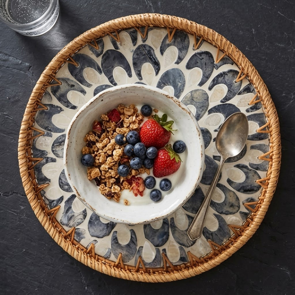 Woven Rattan and Slate Blue Floral Shell Tray