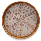 Artisanal Round Rattan Tray with Swirling Pink Shell Mosaic