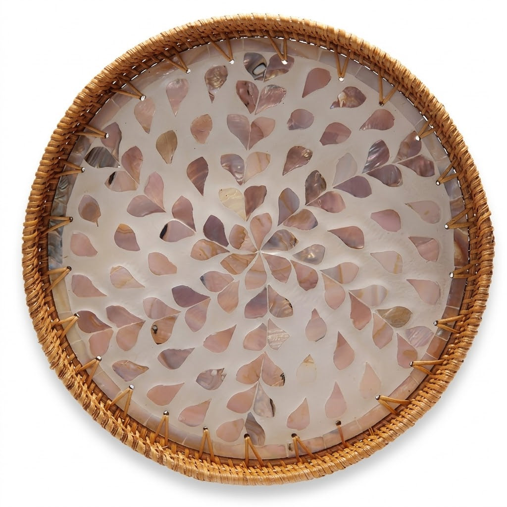Artisanal Round Rattan Tray with Swirling Pink Shell Mosaic