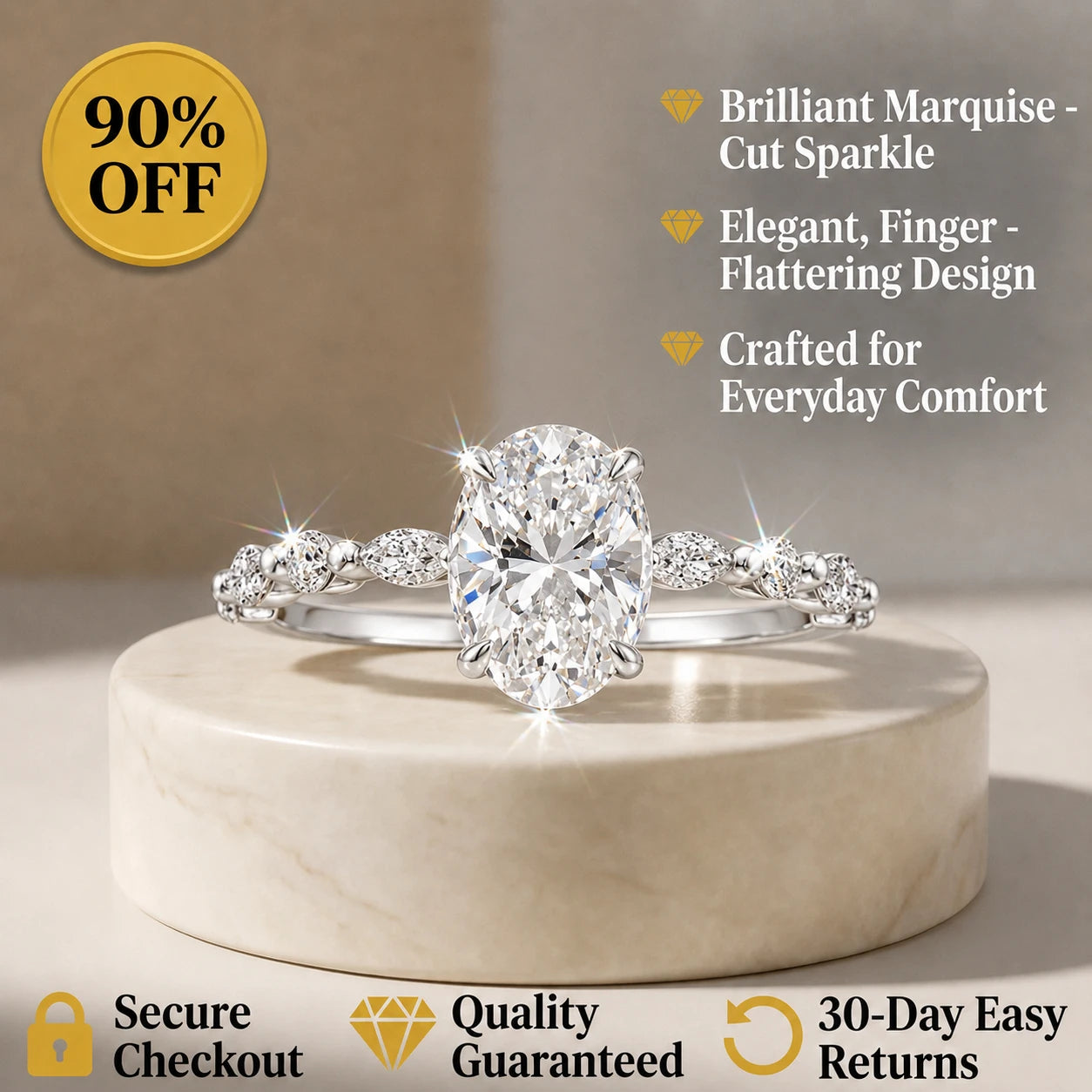 🔥 Last Day Flash Sale — Premium 2-Carat Marquise Moissanite Ring | 90% OFF 🔥
