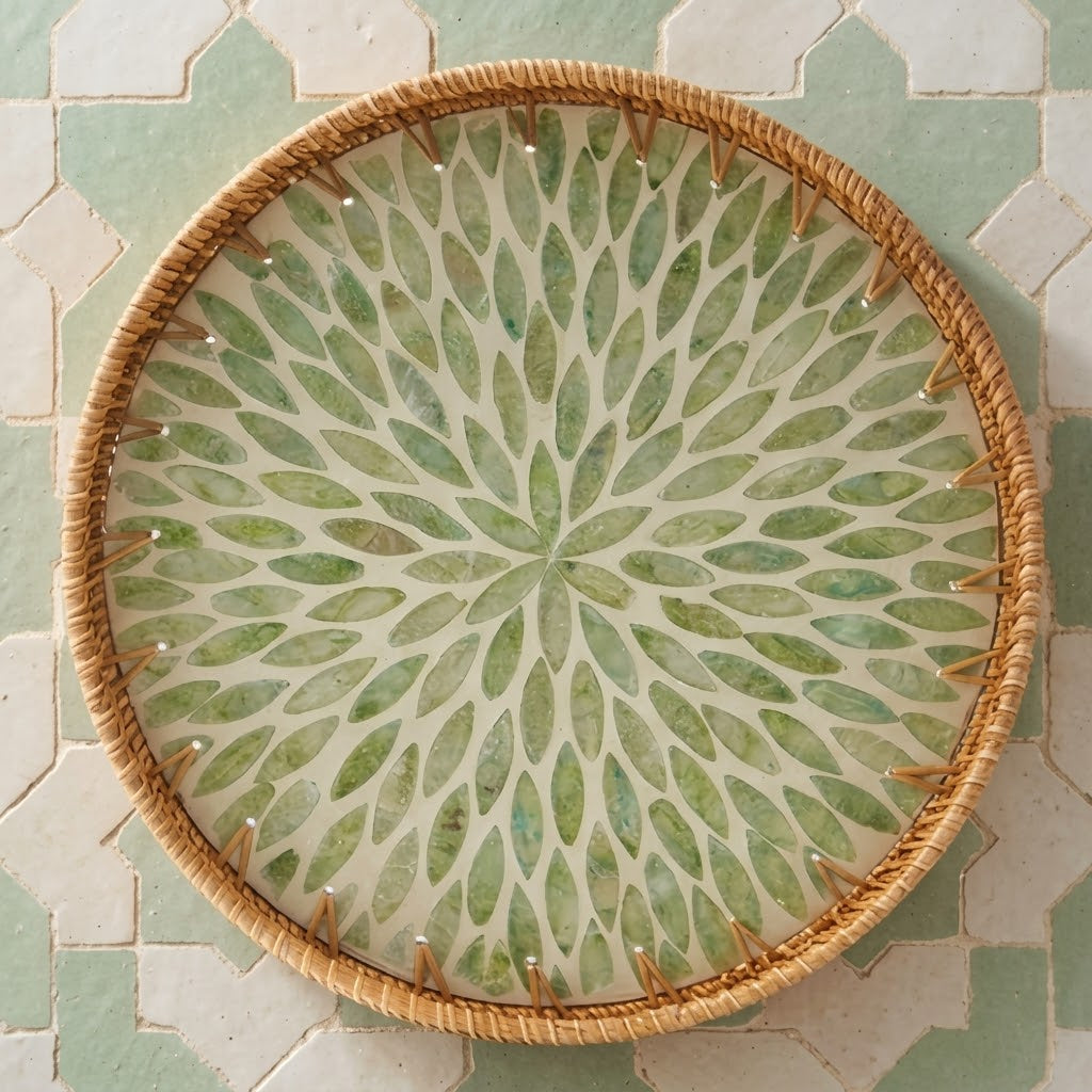Handwoven Rattan Round Tray with Green Petal Mosaic Inlay