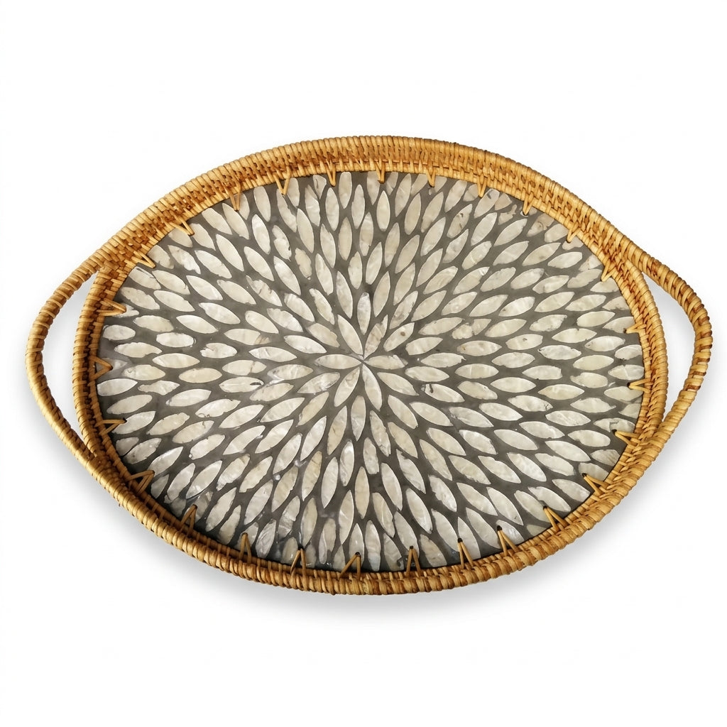 Oval Woven Rattan and Shell Sunburst Tray