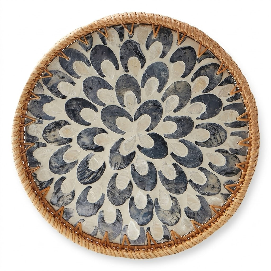 Woven Rattan and Slate Blue Floral Shell Tray