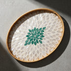 Handcrafted Oval Rattan & Mother-of-Pearl Shell Mosaic Tray - Green Sunburst